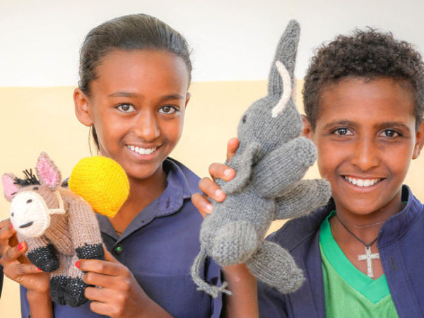 Children with knitted crocheted animals ethiopia