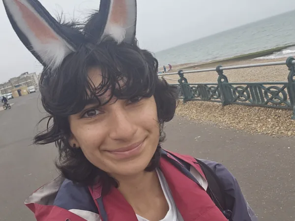 Bibi walking along the seafront wearing a SPANA tshirt and donkey ears
