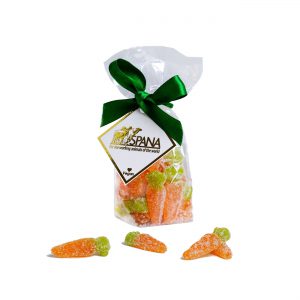 Orange flavoured carrot shaped jelly sweets in packaging with green bow