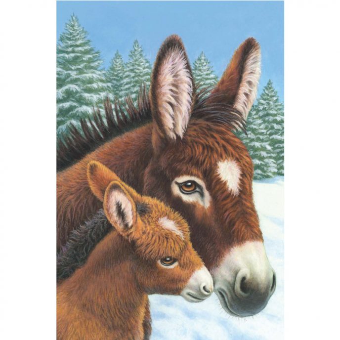 Christmas card design featuring a donkey and foal