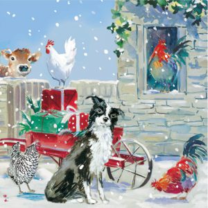 Christmas card design featuring a sheepdog and other farmyard animals in the snow