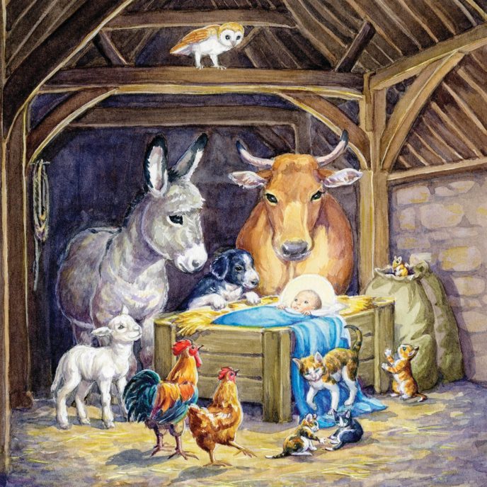 Illustrated card design - farm animals standing around the manger