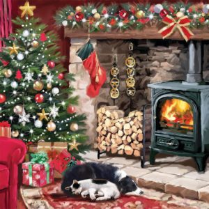 Illustrated card design - cat and dog sleeping by a fireplace in a festively decorated room