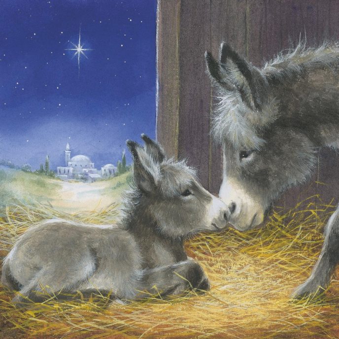 Illustrated card design - Mother and foal donkeys in a stable