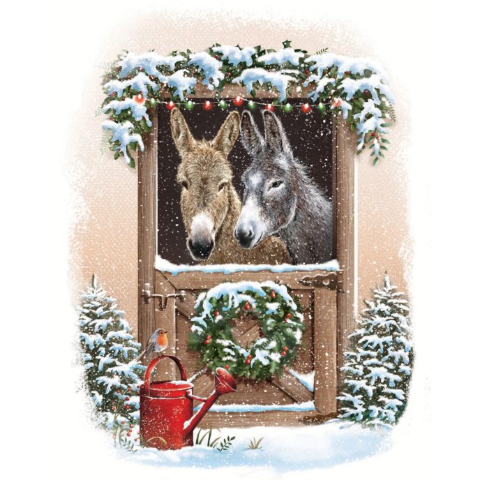 Illustrated car design - Two donkeys in stall with wreath on door