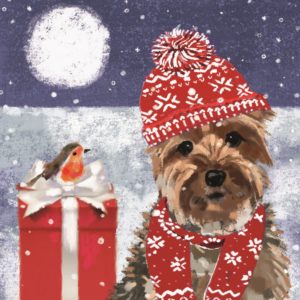 Illustrated card design - Scottie dg wearing winter hat and scarf in the snow