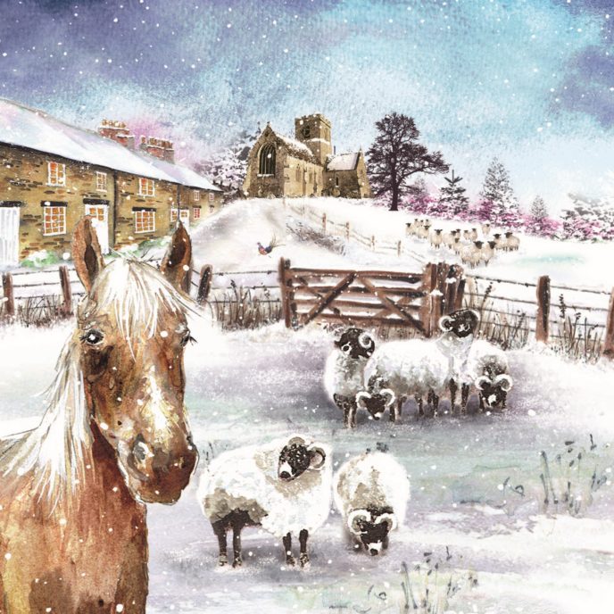 Card design - Illustrated horse and sheep on snowy farm