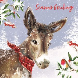 Illustrated Christmas card - Jolly donkey with red scarf