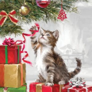Illustrated card design - kitten playing with ribbon underneath a Christmas tree