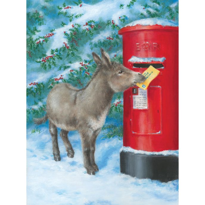 Illustrated card design - donkey placing letter into red post box