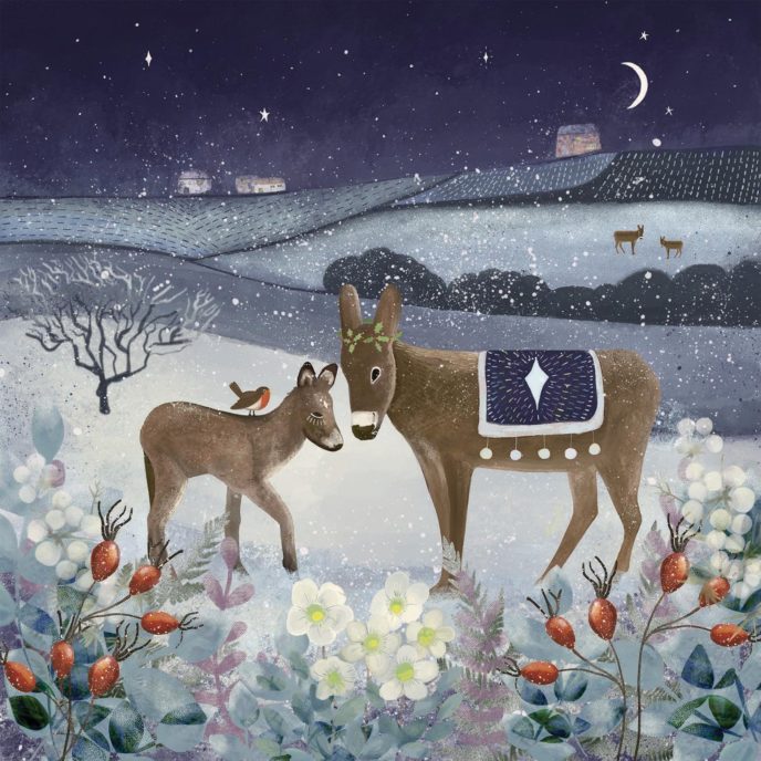 Illustrated card design - four donkeys standing in the snowy woods at night