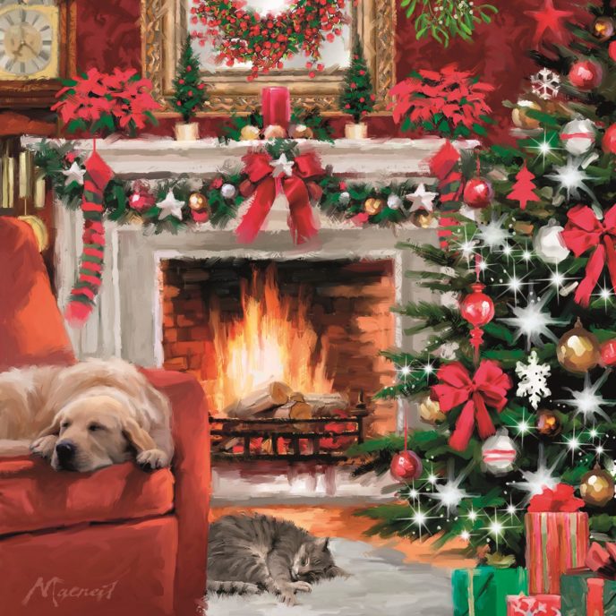 Cat and Dog by the fireplace card