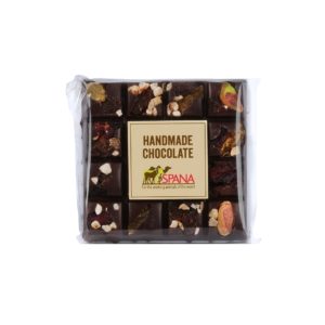 Dark chocolate square with pieces of fruit and nuts