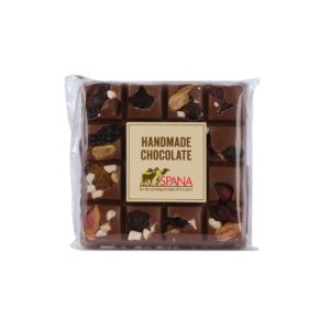 Milk chocolate square with pieces of fruit and nuts