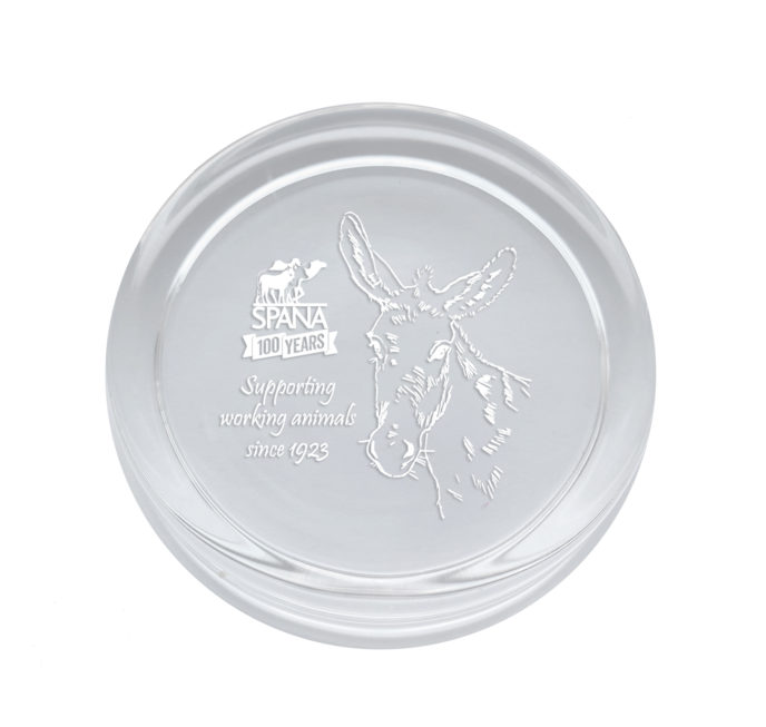 Glass paperweight with a donkey design and SPANA centenary logo