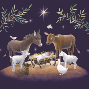 Christmas card design featuring animals around a manger