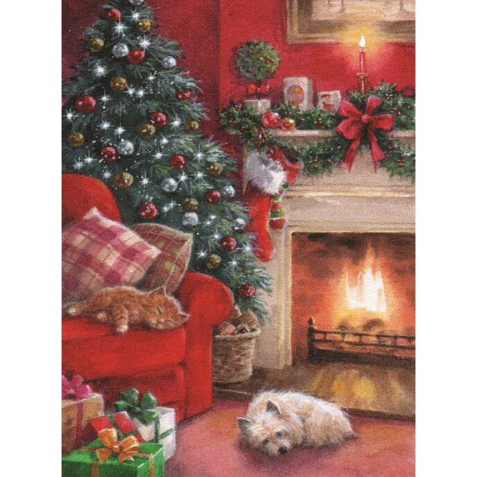 Christmas Card featuring design where a cat and dog are sleeping by the fireplace in a festively decorate home
