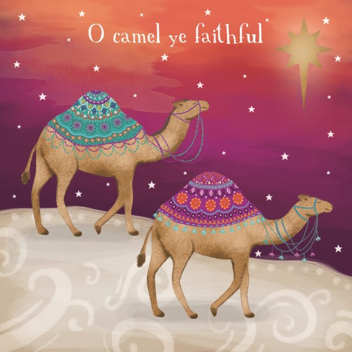 Christmas Card featuring design of two camels walking through the desert