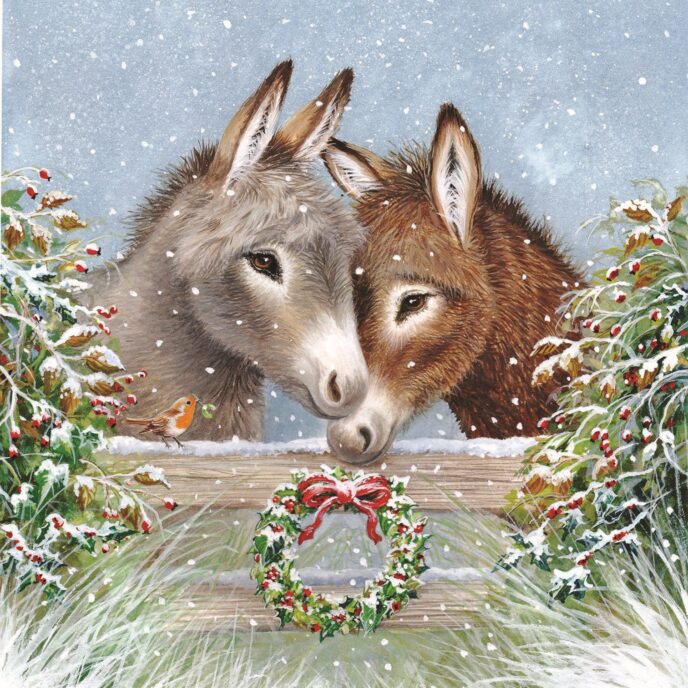 Christmas Card featuring design of brown and grey donkey standing next to festive wreath