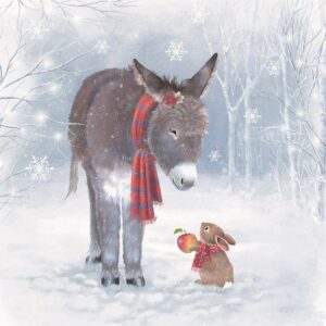 Christmas Card featuring design of donkey with a rabbit in the forest