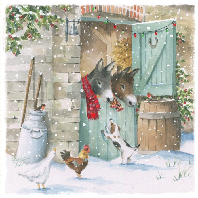 Christmas Card featuring design donkeys in a barn with a dog and a chicken