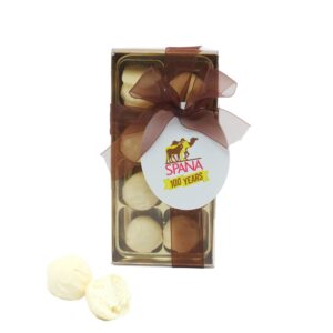 Sparkling wine truffles in gold box with bronze bow