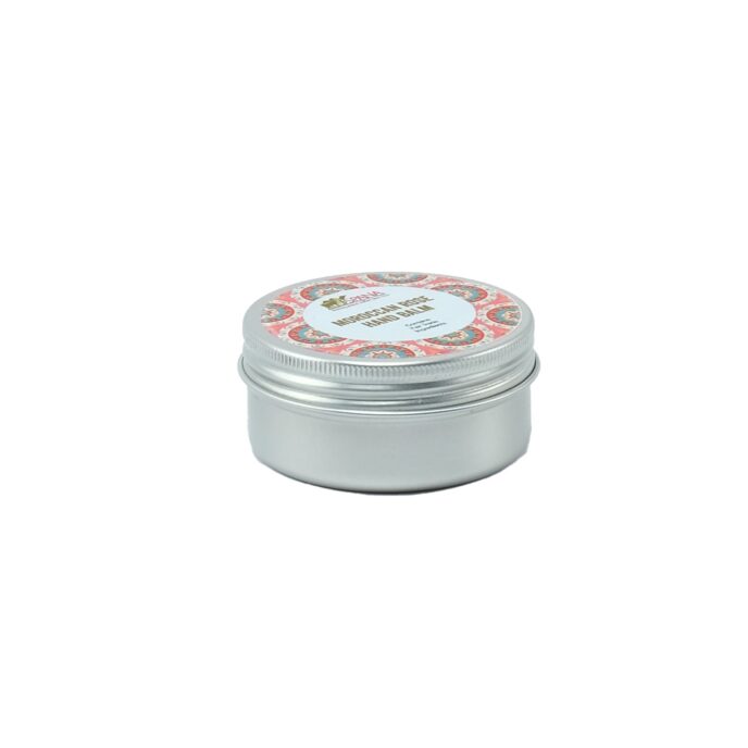 Moroccan rose hand balm closed tin side view
