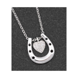 Image of a silver plated horse shoe necklace with a sparkly heart in the middle