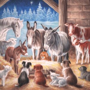 Christmas Card featuring a nativity scene with farm animals, cat, dog, horse and donkey