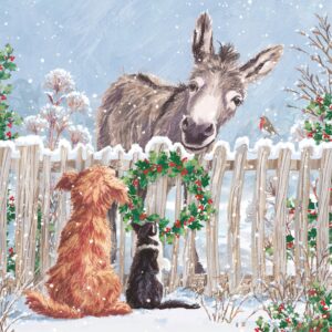 Christmas Card featuring a grey donkey looking over a fence at a cat and dog