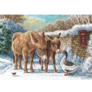 Christmas Card featuring two brown donkeys next to a goose in the snow