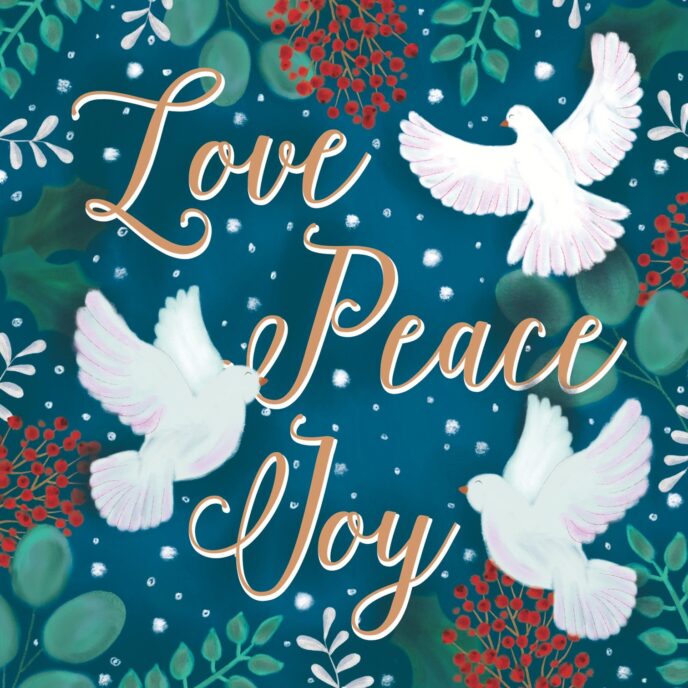 Blue Christmas card with three doves and the words "Love, Peace and Joy"