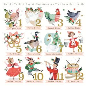 Christmas card with each of the 12 days of Christmas illustrated