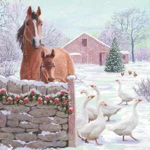 Christmas Card featuring two brown horses (mother and foal) next to a goose in the snow