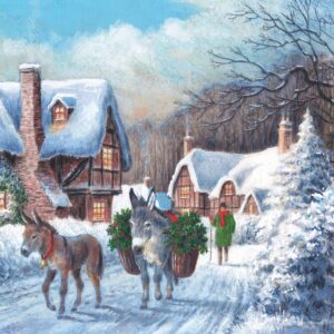 Christmas Card featuring two working donkeys carrying Christmas trees in the snow