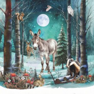 Christmas Card featuring donkey in the forest at night surrounded by fauna and woodland creatures