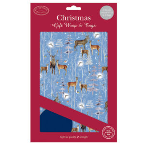 Image of a packaged set of blue reindeer gift wrap and circular navy blue gift tags