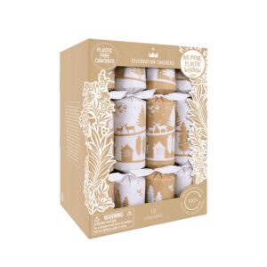 Image of a box of 12 white and kraft Christmas crackers with a contemporary reindeer design