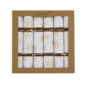 Image of a box of six white Christmas crackers with a gold snowflake design