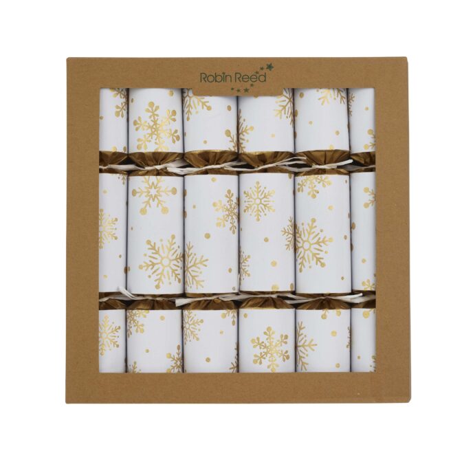 Image of a box of six white Christmas crackers with a gold snowflake design