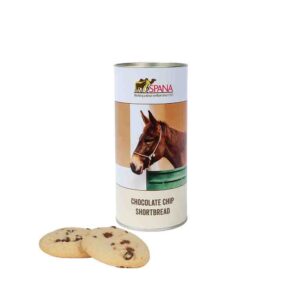 Image of a cylindrical tin of chocolate chip shortbread with an image of a mule on the front with loose shortbread