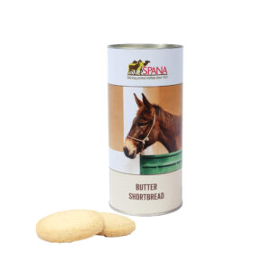 Image of a cylindrical tin of butter shortbread with an image of a mule on the front with loose shortbread