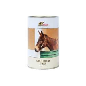 Image of a cylindrical tin of fudge with an image of a mule on the front