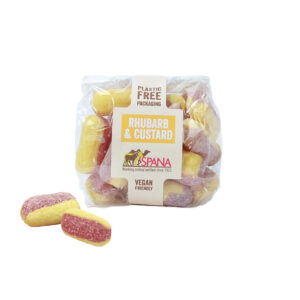 Image of a packet of red and yellow rhubarb and custard sweets with loose sweets