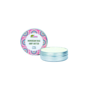 Image of an open metal tin containing Moroccan rose scented body butter