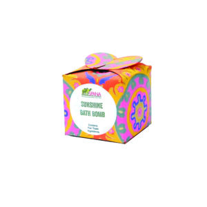 Image of a bath bomb inside a colourful handmade box