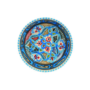 Image of a shallow handmade Tunisian bowl in a blue patterned design from the top