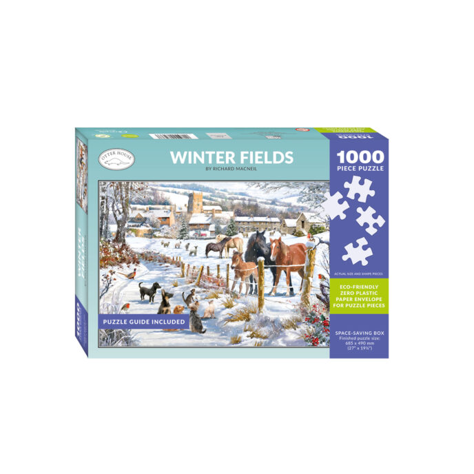 Image of a puzzle box containing a design with horse, cats and dogs in a snowy field