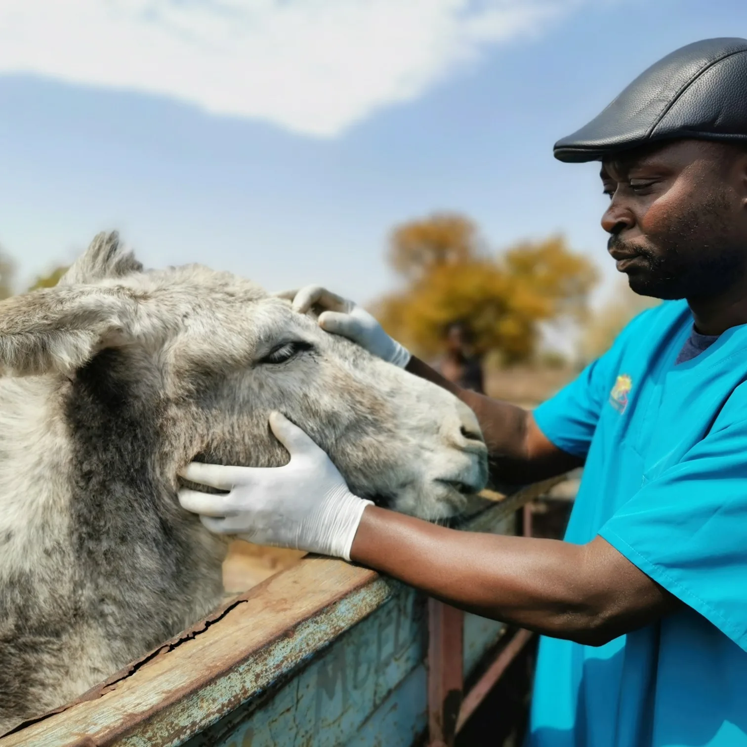 Grey donkey having its eye examined by a vet