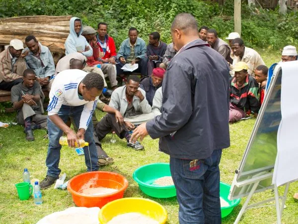 Men preparing washing liquid for horses